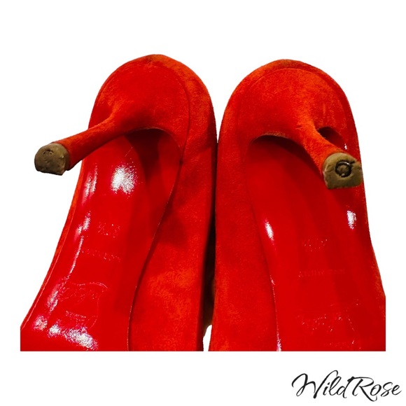 CHRISTIAN LOUBOUTIN “SCALOPUMP” 85 RED SUEDE SCALLOP TRIM LACE UP TIE HEELS 37.5 - Picture 13 of 17